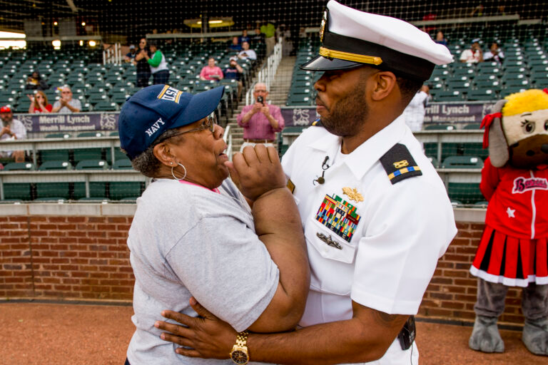 Chief Warrant Officer surprising his mother with his homecoming at the Birmingham Barons baseball game